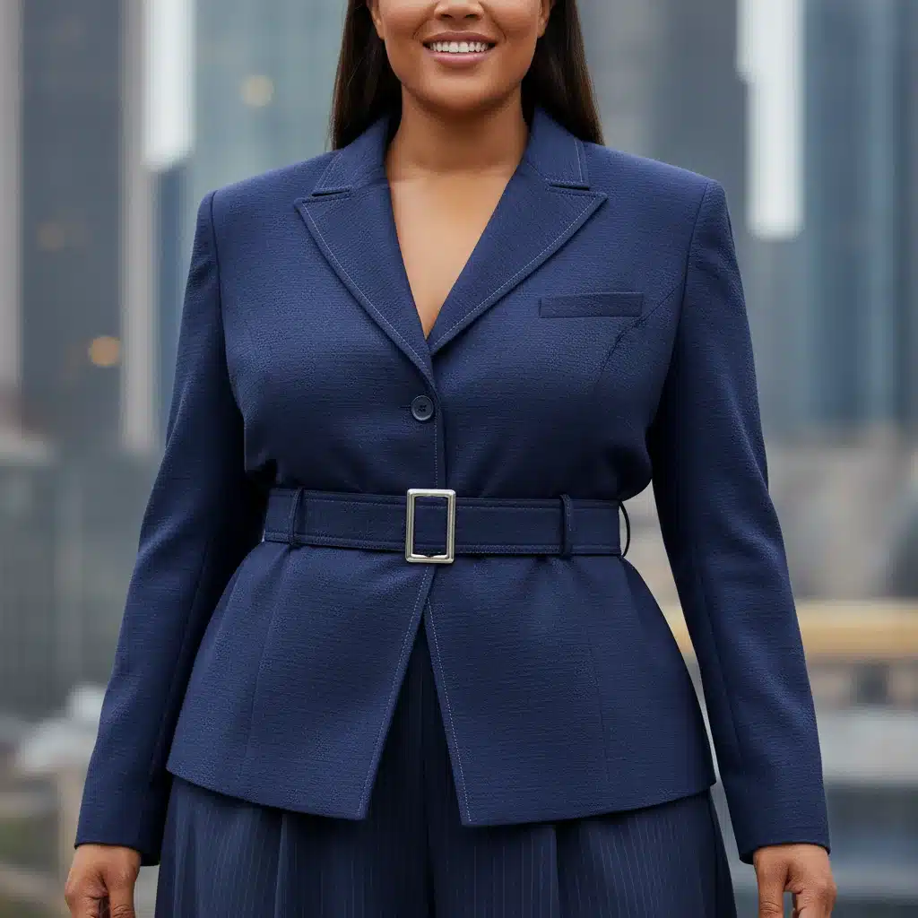 Detalhe de blazer e calça pantalona plus size com corte impecável, exibindo a qualidade do tecido e design moderno.