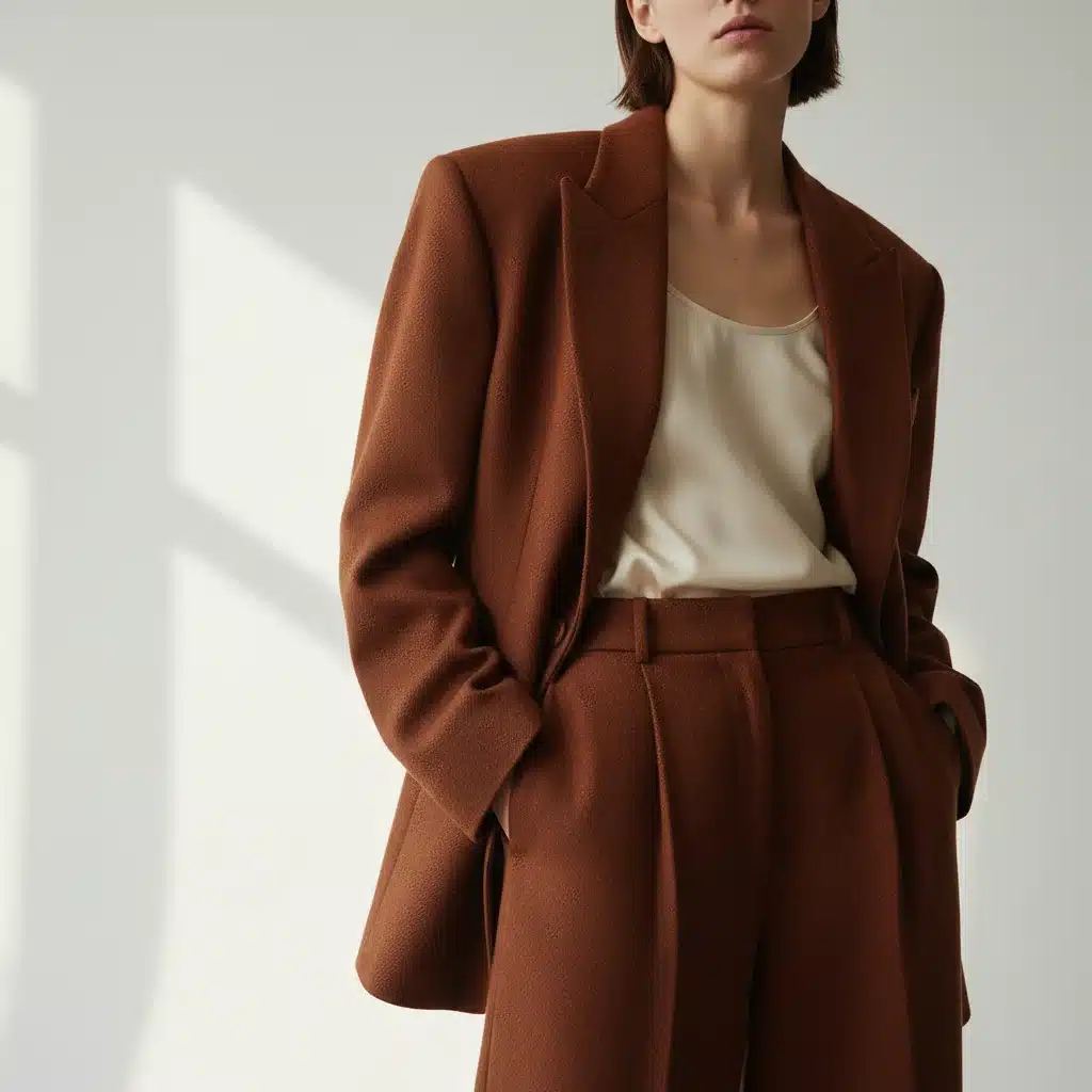 Modelo com blazer oversized e calça de corte amplo, exemplificando a moda agênero e versátil.