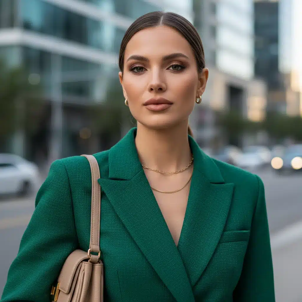 Mulher elegante usando blazer verde esmeralda, combinando sofisticação com a tendência de cores vibrantes.