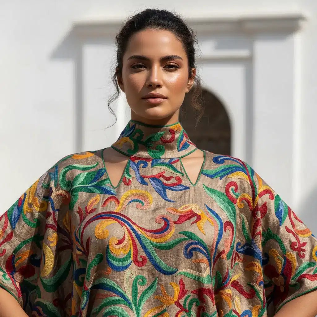 Detalhe de um look que combina bordados artesanais brasileiros com silhuetas modernas, refletindo a fusão cultural na moda.
