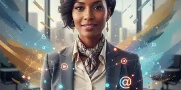 Mulher profissional confiante, com elementos digitais ao redor, simbolizando branding pessoal em 2026.