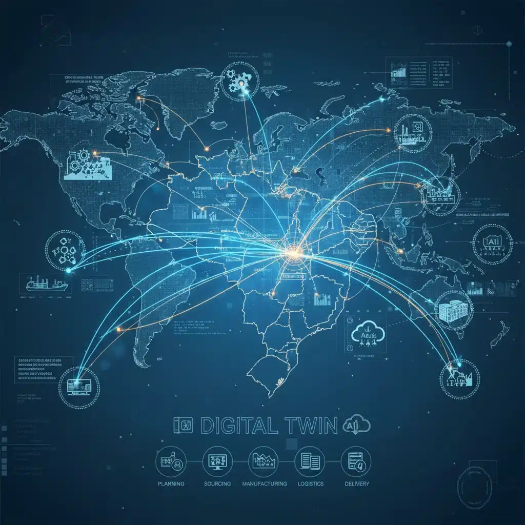 Rede de cadeia de suprimentos globalmente conectada com fluxos de dados digitais, representando a otimização logística na indústria.
