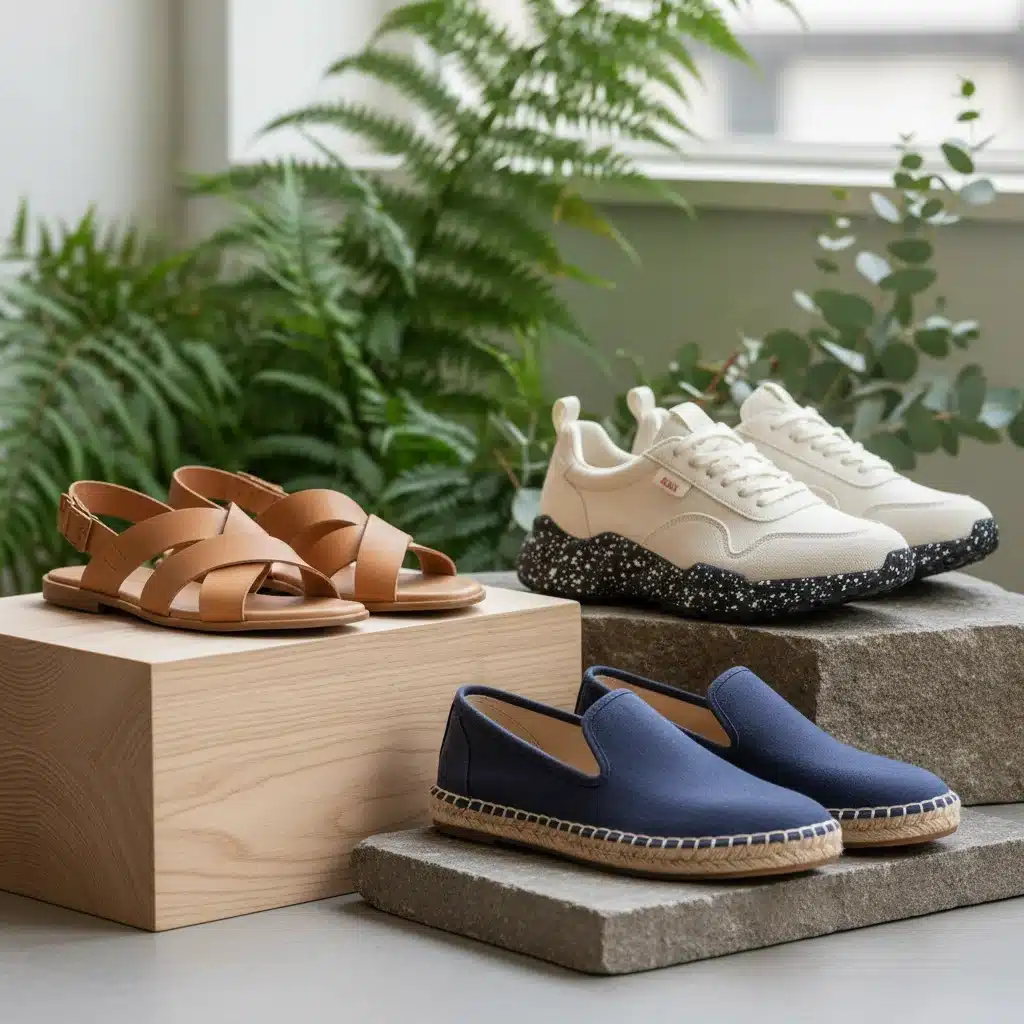 Exposição de calçados sustentáveis feitos com materiais ecológicos, como sandálias de couro vegetal e tênis reciclados, simbolizando a moda consciente de 2026.