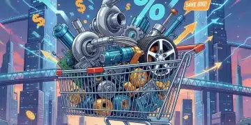 Estratégias de Compras Inteligentes 2026: Economize até 30% em Peças de Qualidade Carrinho de compras futurista com peças e símbolos de economia para 2026.