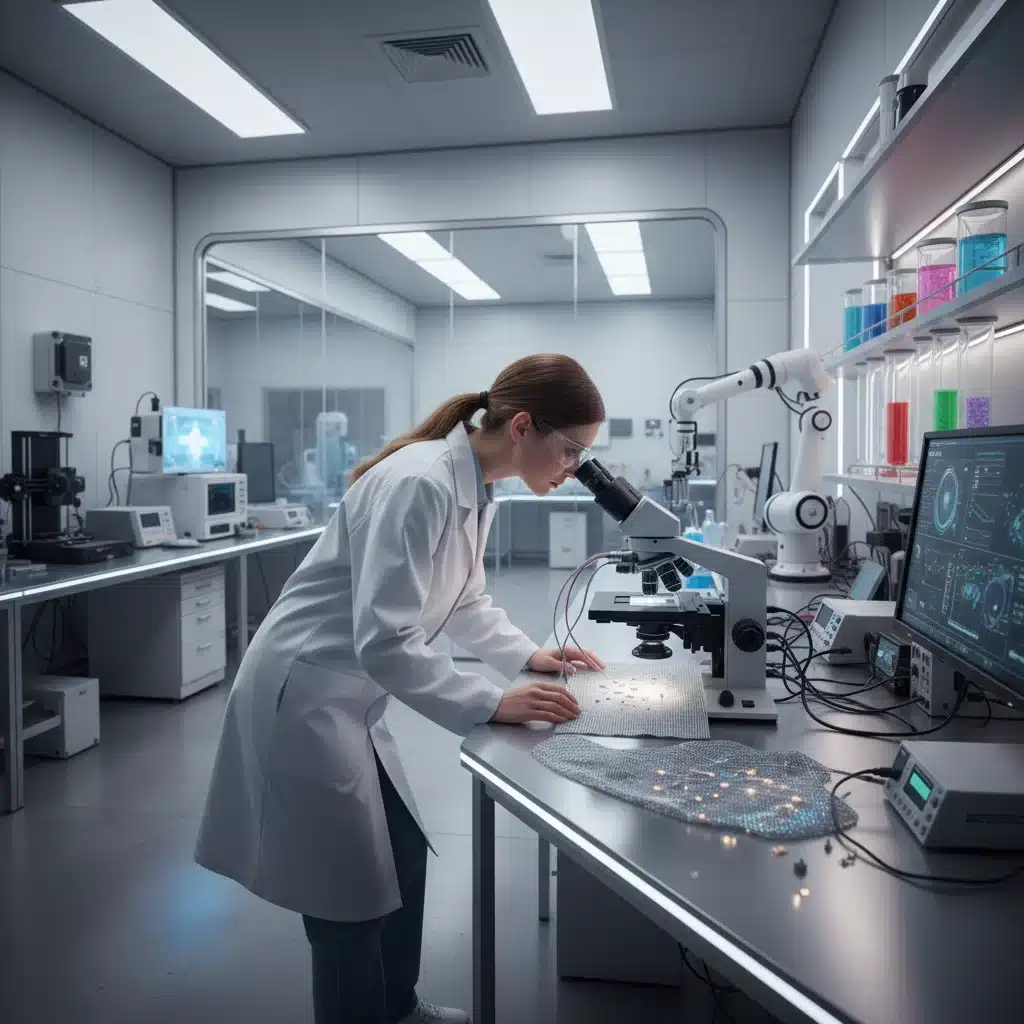 Cientista examinando tecido inteligente com sensores em laboratório.