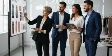 Coaching de Imagem 2026: Guia Completo para Transformar Seu Estilo Profissional Consultora de imagem orientando clientes em um estúdio moderno, com mood board e exemplos de estilo.