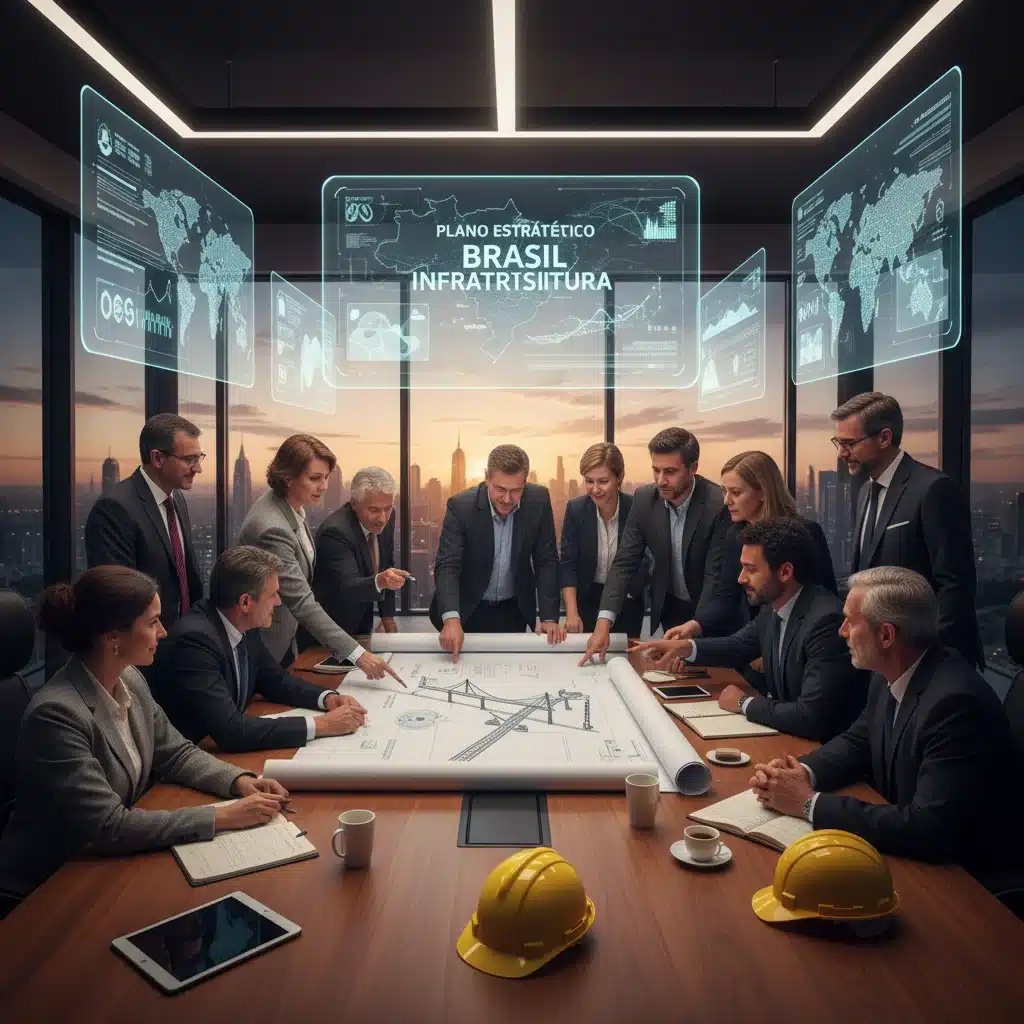 Profissionais de diversas áreas colaborando em projetos estratégicos de infraestrutura no Brasil, com planos e projeções.