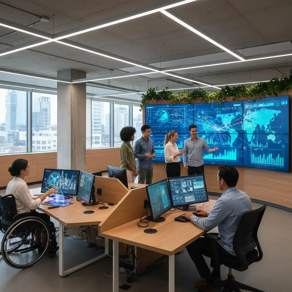 Profissionais colaborando em um ambiente de trabalho moderno, utilizando tecnologia para impulsionar a produtividade e a inovação.
