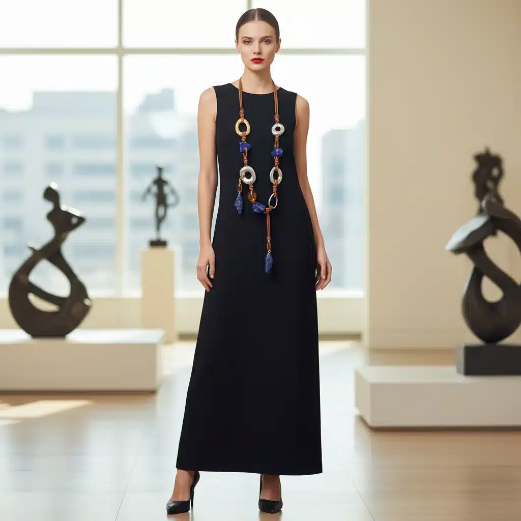 Pessoa usando colar statement artesanal, elevando um look básico com elegância