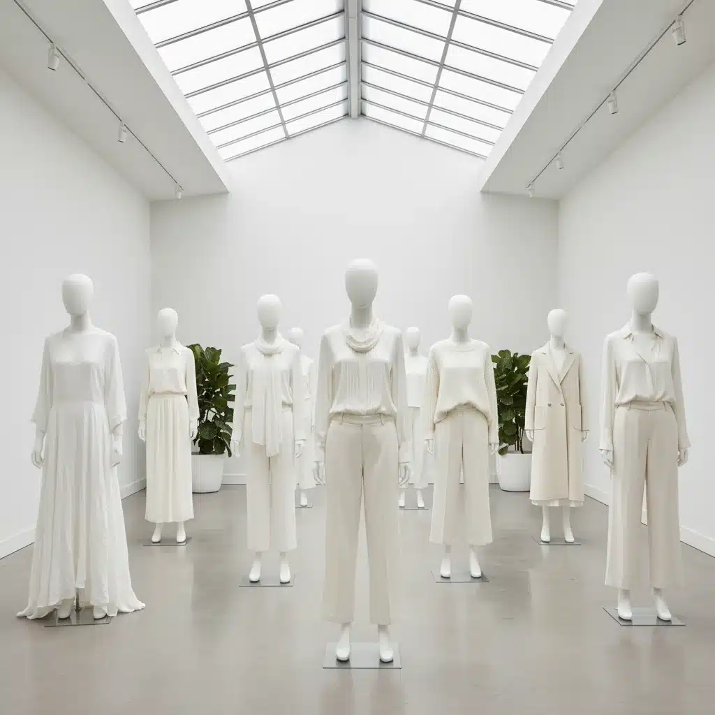 Coleção de peças brancas em manequins, exibindo diversas texturas como linho, seda e algodão, em um showroom minimalista.