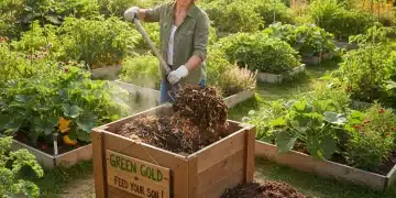 Pessoa virando composteira doméstica com adubo orgânico rico em jardim verdejante
