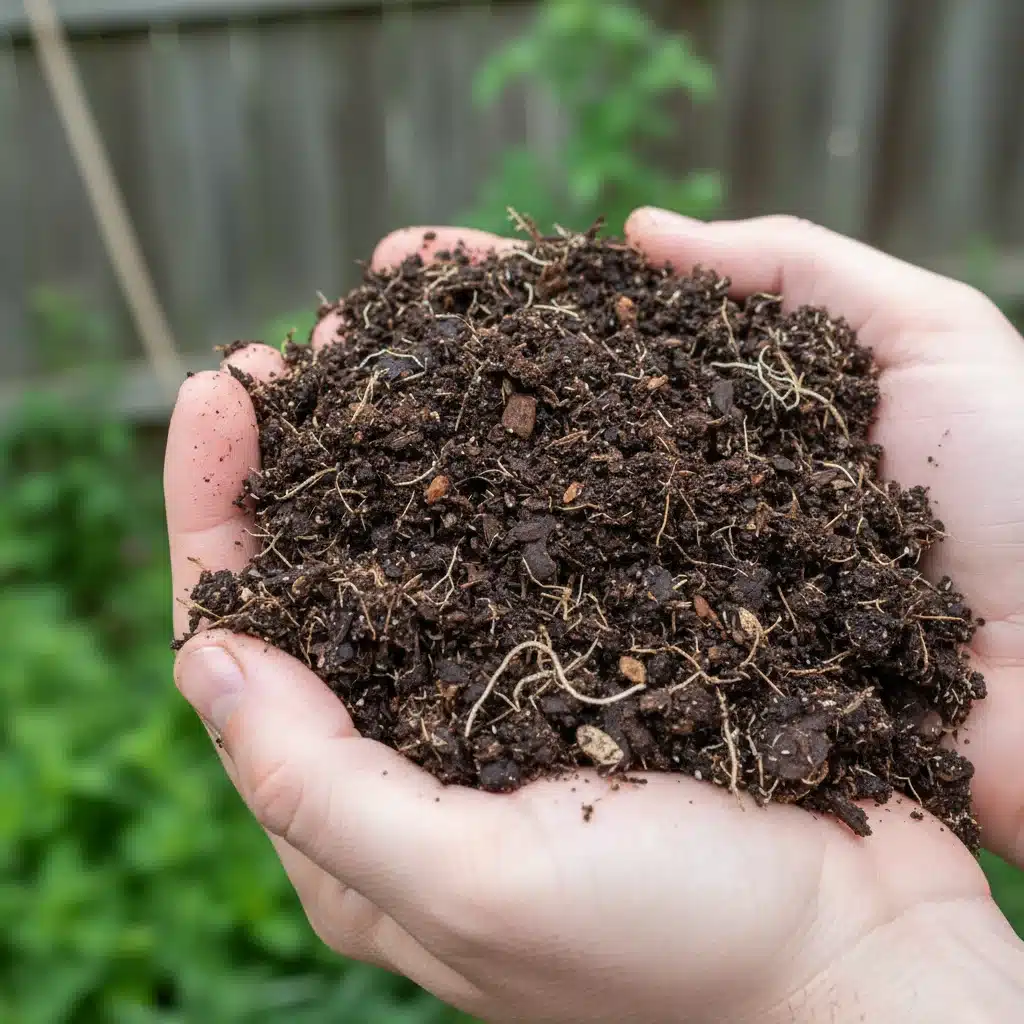 Punhado de composto orgânico escuro e fértil pronto para uso em horta