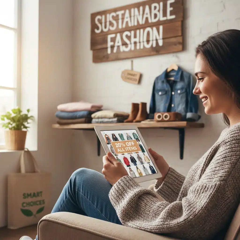 Pessoa comprando roupas de segunda mão em loja ou online para economizar e ser sustentável