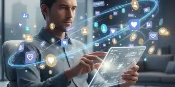 Pessoa interagindo com ícones de redes sociais, representando a construção da imagem pessoal online.