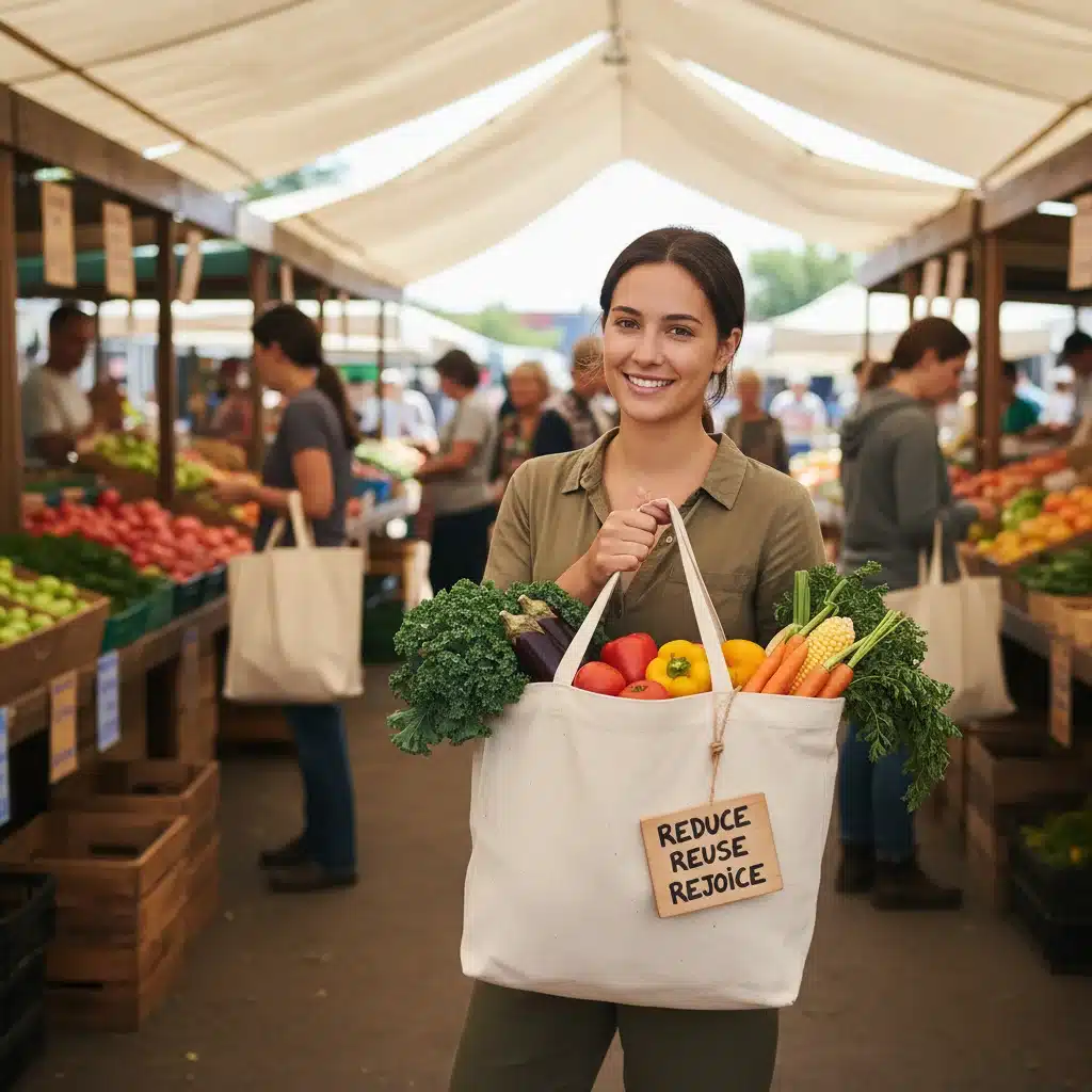 Pessoa com sacola reutilizável comprando frutas e vegetais frescos em uma feira, representando o consumo consciente e a sustentabilidade.
