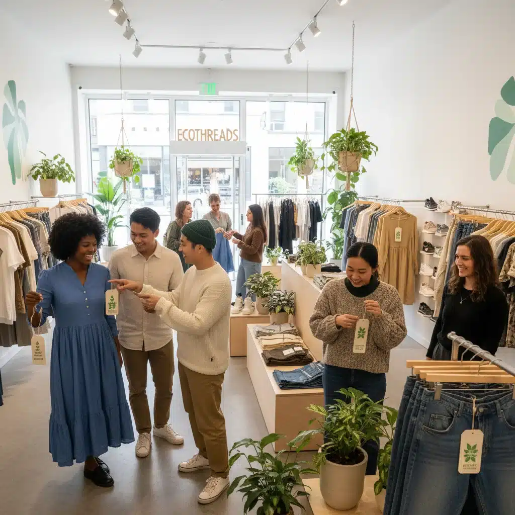 Consumidores conscientes examinando roupas sustentáveis em uma boutique moderna, com foco em etiquetas ecológicas e design minimalista.