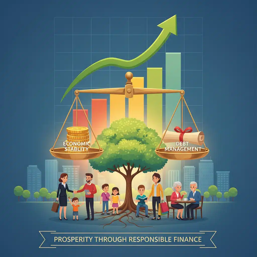 Representação gráfica de crescimento econômico e estabilidade, com seta ascendente, balança equilibrada e pessoas beneficiadas, simbolizando o sucesso da gestão da dívida.