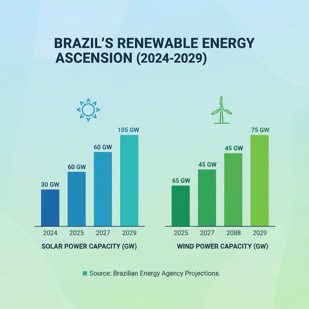 Gráfico de crescimento da capacidade de energia solar e eólica no Brasil para os próximos cinco anos.