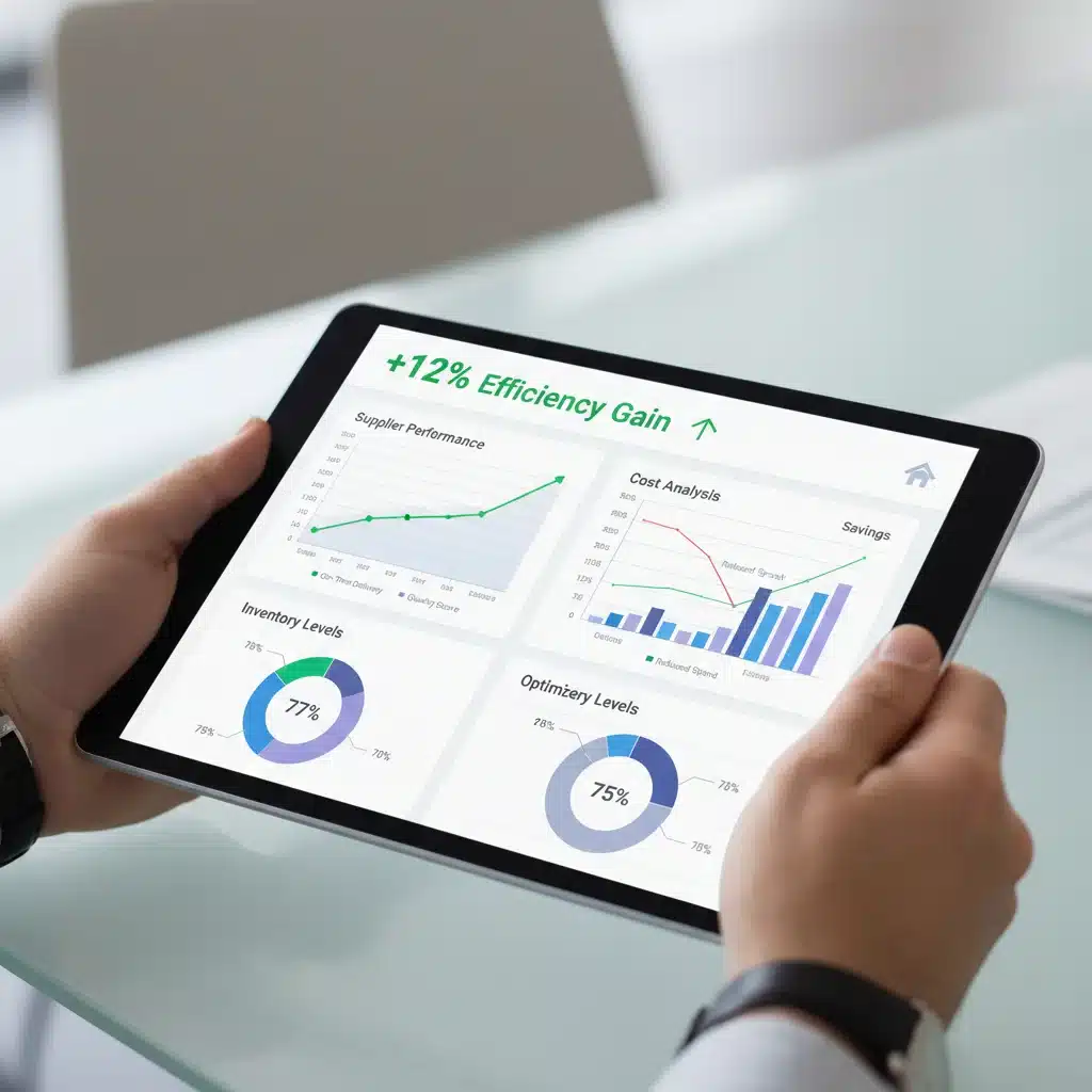 Mão segurando tablet com dashboard de análise de fornecedores e custos.