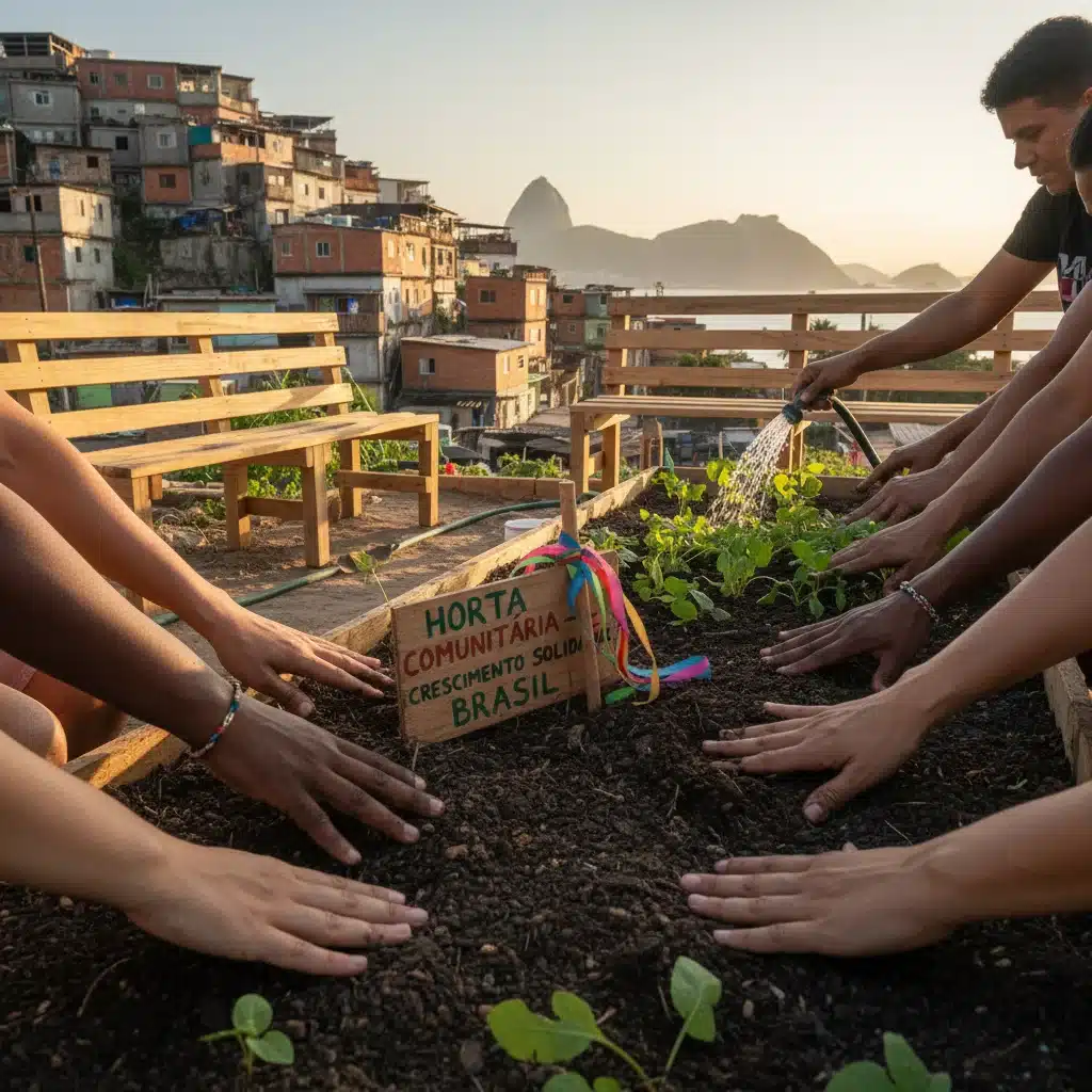 Mãos diversas colaborando em projeto comunitário, simbolizando desenvolvimento e inclusão econômica.