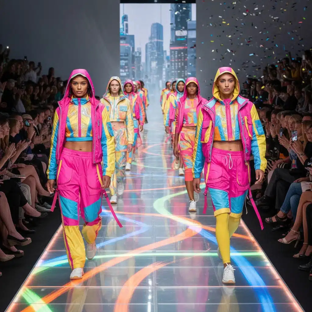 Desfile de moda sem gênero com modelos diversos apresentando sportswear funcional e colorido.