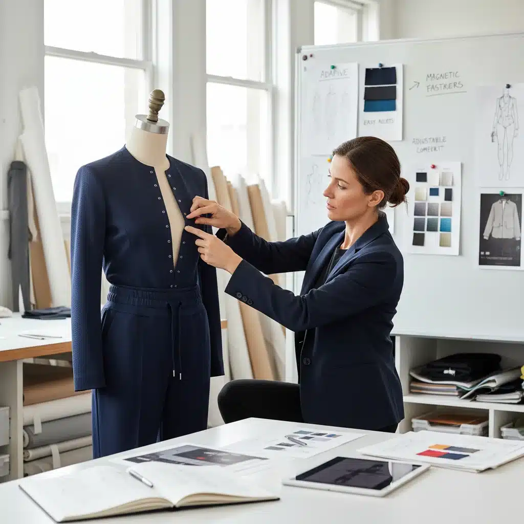 Designer de moda ajustando uma peça com fechos magnéticos, destacando o design adaptativo e inovador.