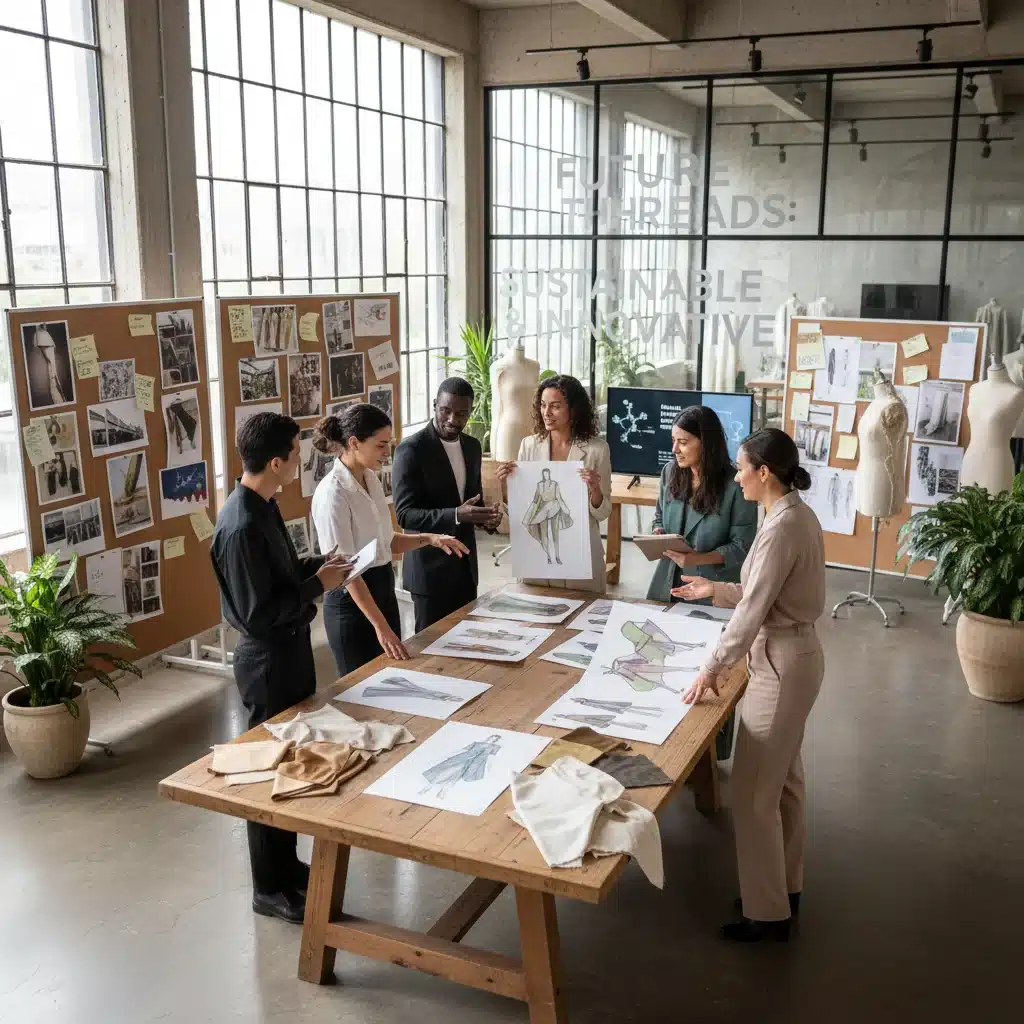 Designers de moda colaborando em um estúdio, discutindo tendências sustentáveis e materiais inovadores para coleções futuras.
