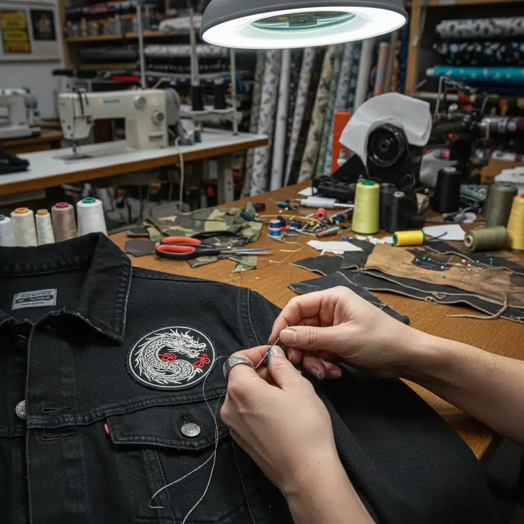 Mãos de designer trabalhando em detalhe em uma peça de roupa streetwear, com tecidos e ferramentas ao redor.