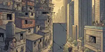 Contraste entre riqueza e pobreza em paisagem urbana brasileira, simbolizando a desigualdade social e econômica.