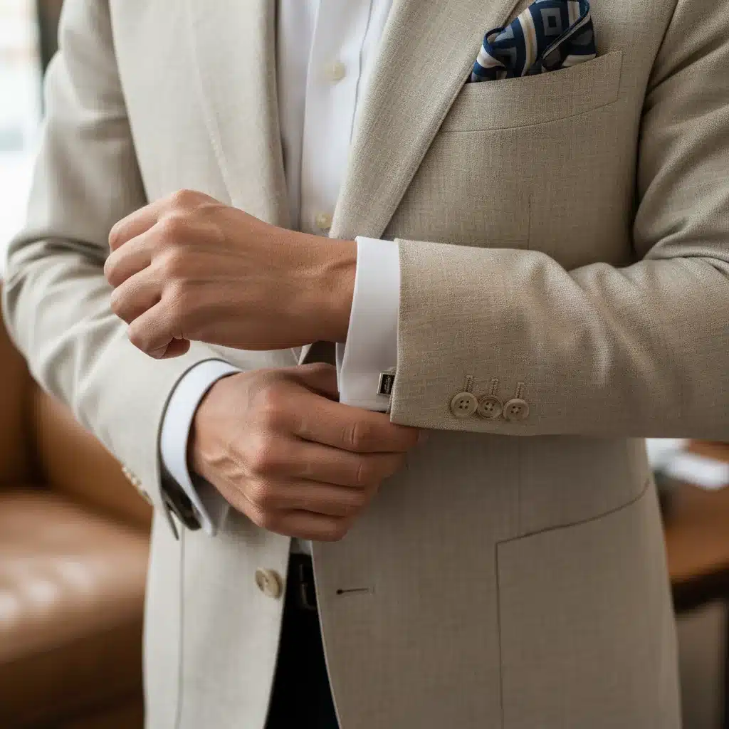 Detalhe de um blazer de alfaiataria masculino com corte impecável e tecido de qualidade, destacando a atenção aos detalhes.