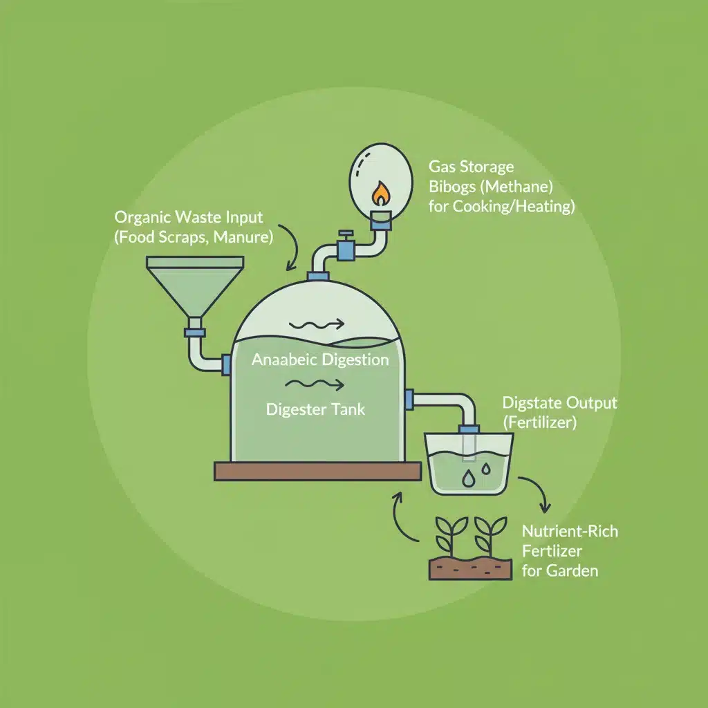 Diagrama explicativo de um biodigestor caseiro para produção de biogás