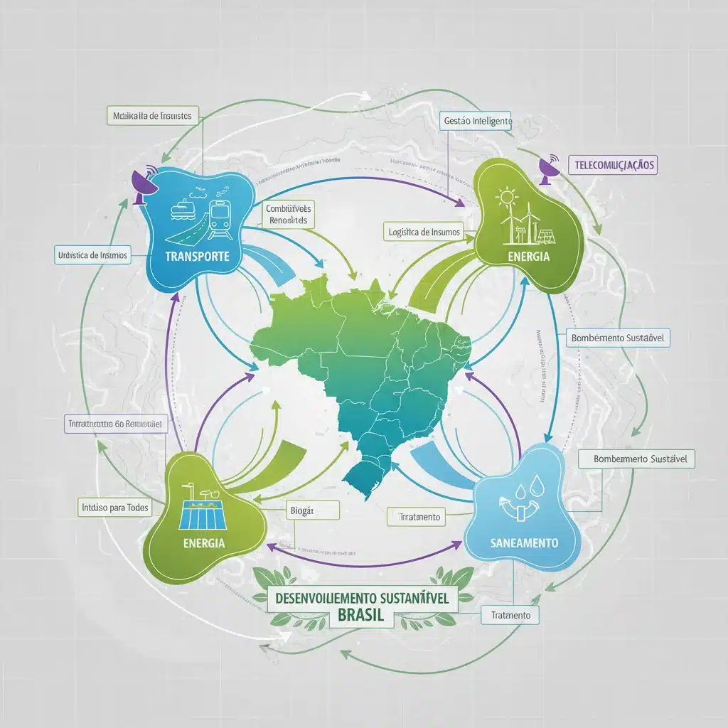 Diagrama de setores de infraestrutura interconectados no Brasil, destacando transporte, energia, saneamento e telecomunicações.