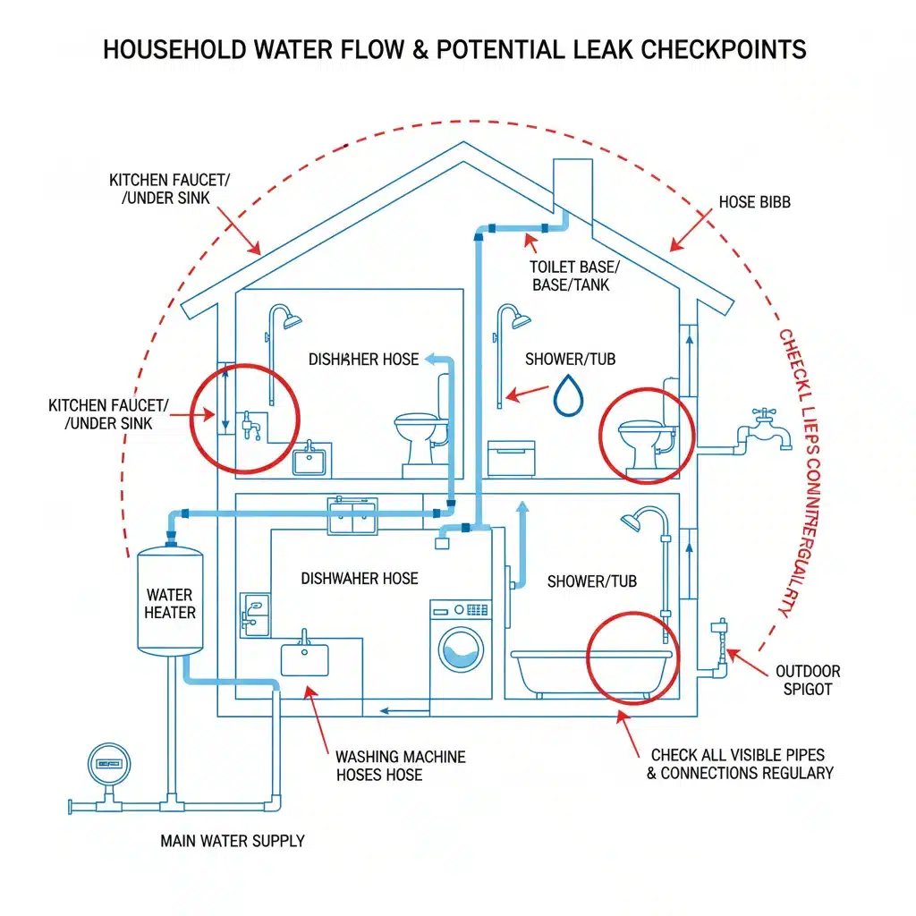 Diagrama mostrando pontos de vazamento comuns em uma casa, para inspeção.