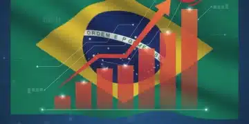Gráfico ilustrando a dívida pública brasileira em ascensão e projeção de 75% do PIB, com elementos econômicos e a bandeira do Brasil ao fundo.