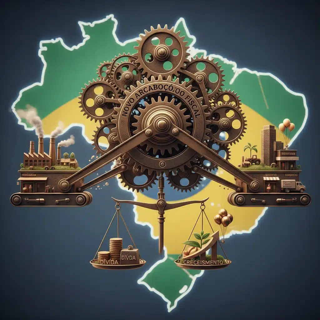 Engrenagens e alavancas representando a complexidade da economia brasileira e o impacto das novas regras fiscais em diferentes setores.
