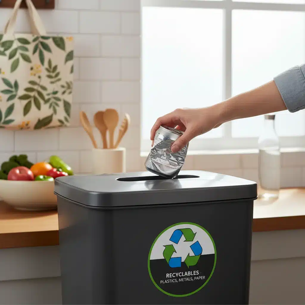 Mão depositando um item reciclável em uma lixeira, representando a economia circular e o descarte consciente.