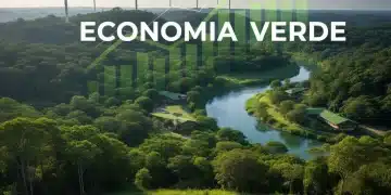 Paisagem verde exuberante no Brasil com elementos de energia renovável, simbolizando a economia verde e o desenvolvimento sustentável.