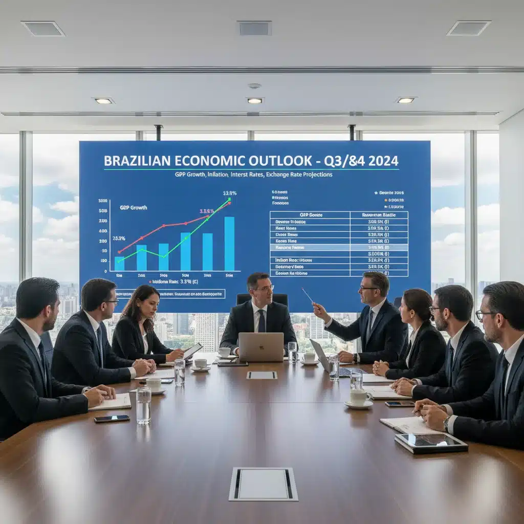 Economistas analisando projeções econômicas e dados de inflação para o Brasil.