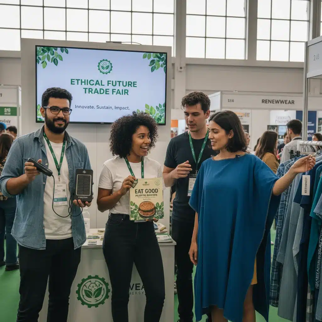 Jovens empreendedores apresentando produtos sustentáveis inovadores em uma feira, destacando a transparência e impacto social.