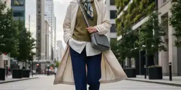 Mulher com estilo adaptável em ambiente urbano, vestindo roupas versáteis para mudanças climáticas.