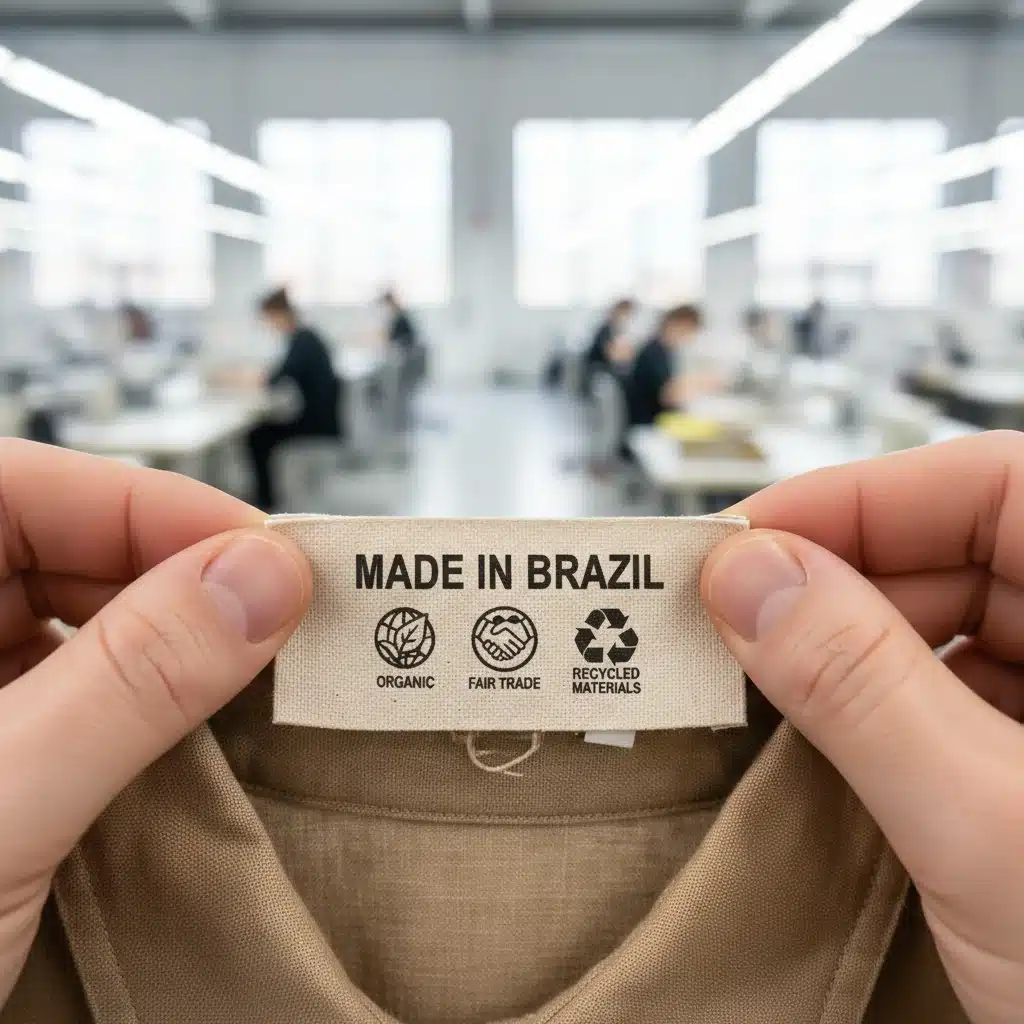 Detalhe de uma etiqueta de roupa com certificação ética e sustentável, focando na transparência da produção.