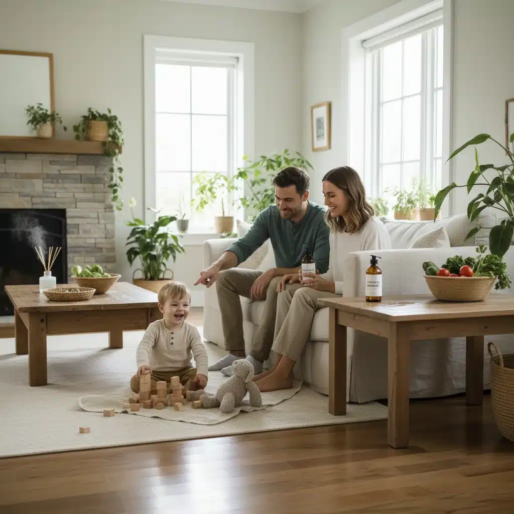 Família feliz em sala de estar limpa e iluminada, desfrutando de um ambiente livre de químicos.
