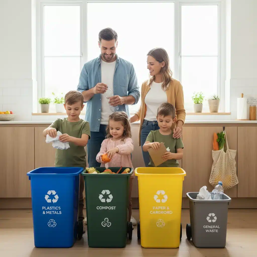 Família separando o lixo para reciclagem e compostagem em casa.