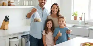 Família brasileira feliz comemorando a redução de lixo doméstico em 50%