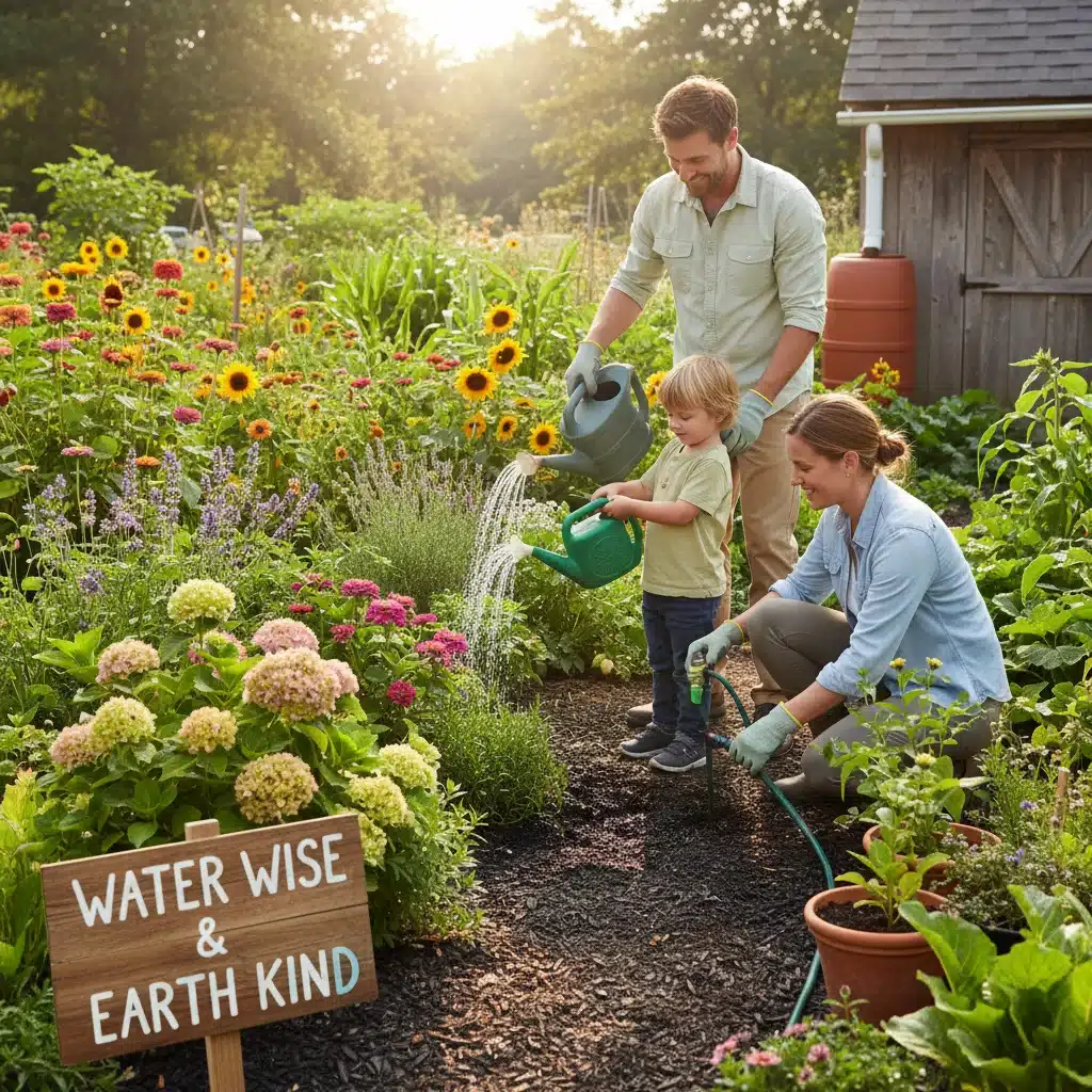 Família regando plantas no jardim com regador, uso consciente da água.