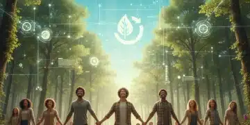 Pessoas diversas em um ambiente natural, simbolizando o consumo sustentável e a responsabilidade social no futuro do Brasil.