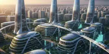Cenário futurista de energia renovável no Brasil, com turbinas eólicas e painéis solares em uma cidade moderna.