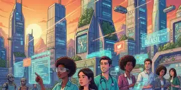 Profissionais diversos em um ambiente de trabalho moderno e conectado, representando o futuro do mercado de trabalho no Brasil em 2026.