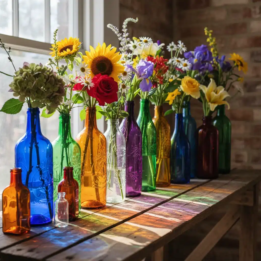 Garrafas de vidro coloridas reutilizadas como vasos para flores frescas