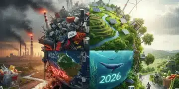Globo terrestre com elementos de consumo e indústria, simbolizando o impacto ambiental e a busca por sustentabilidade até 2026.
